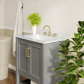 Vega 30" Bathroom Vanity with Sink, Storage Cabinet with Soft Close Doors & Open Shelf, Carrara Marble Finish Counter & Gold Hardware, Gray/White