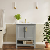 Vega 30" Bathroom Vanity with Sink, Storage Cabinet with Soft Close Doors & Open Shelf, Carrara Marble Finish Counter & Gold Hardware, Gray/White