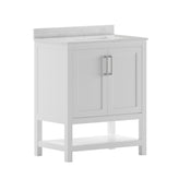 Vega 30 Inch Bathroom Vanity with Sink Combo, Storage Cabinet with Soft Close Doors and Open Shelf, Carrara Marble Finish Countertop, White/White