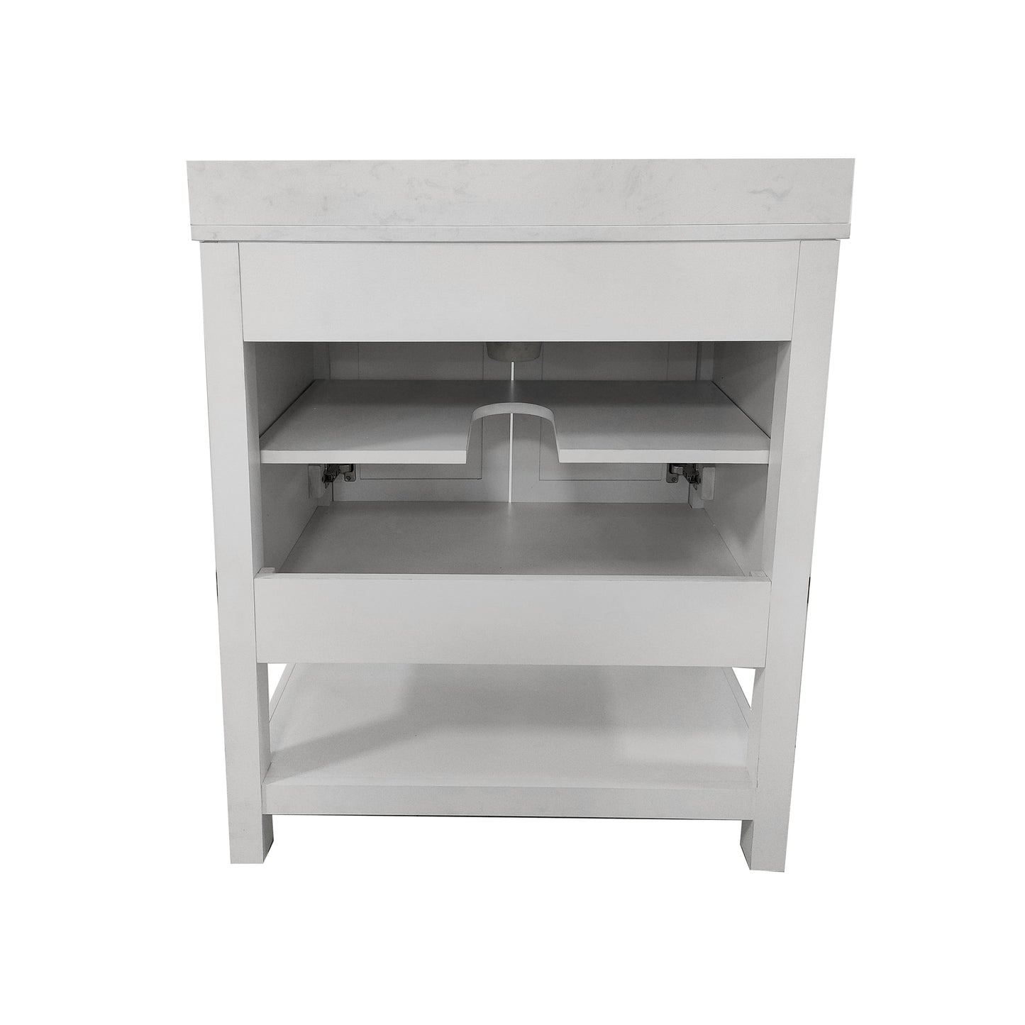 Vega 30 Inch Bathroom Vanity with Sink Combo, Storage Cabinet with Soft Close Doors and Open Shelf, Carrara Marble Finish Countertop, White/White