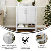 Vega 30 Inch Bathroom Vanity with Sink Combo, Storage Cabinet with Soft Close Doors and Open Shelf, Carrara Marble Finish Countertop, White/White