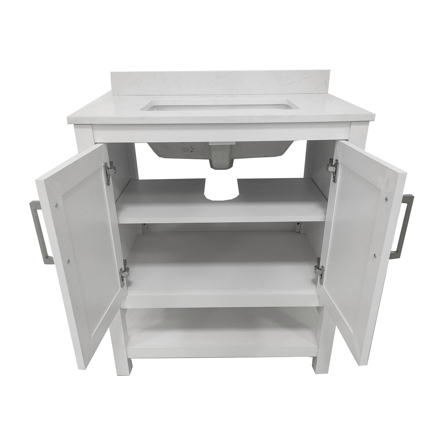 Vega 30 Inch Bathroom Vanity with Sink Combo, Storage Cabinet with Soft Close Doors and Open Shelf, Carrara Marble Finish Countertop, White/White