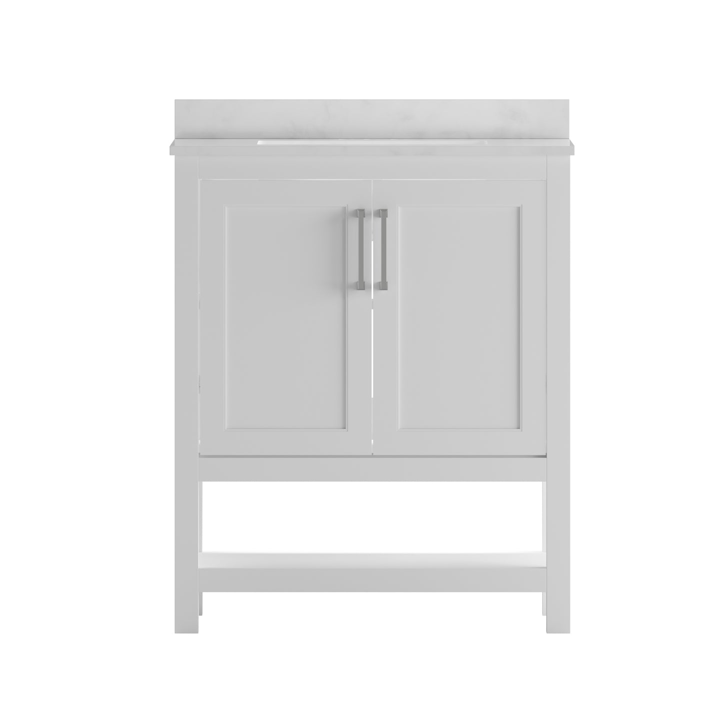 Vega 30 Inch Bathroom Vanity with Sink Combo, Storage Cabinet with Soft Close Doors and Open Shelf, Carrara Marble Finish Countertop, White/White