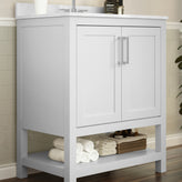 Vega 30 Inch Bathroom Vanity with Sink Combo, Storage Cabinet with Soft Close Doors and Open Shelf, Carrara Marble Finish Countertop, White/White