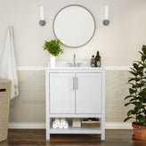 Vega 30 Inch Bathroom Vanity with Sink Combo, Storage Cabinet with Soft Close Doors and Open Shelf, Carrara Marble Finish Countertop, White/White