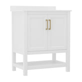 Vega 30 Inch Bathroom Vanity with Sink Combo, Storage Cabinet with Soft Close Doors and Open Shelf, Carrara Marble Finish Countertop, White/Gold