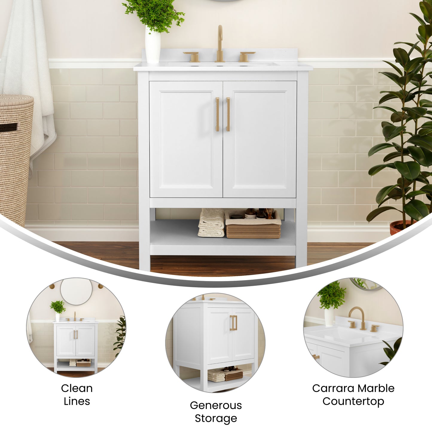 Vega 30 Inch Bathroom Vanity with Sink Combo, Storage Cabinet with Soft Close Doors and Open Shelf, Carrara Marble Finish Countertop, White/Gold