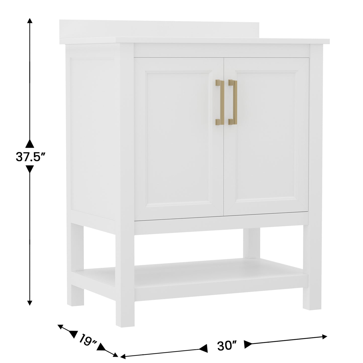 Vega 30 Inch Bathroom Vanity with Sink Combo, Storage Cabinet with Soft Close Doors and Open Shelf, Carrara Marble Finish Countertop, White/Gold