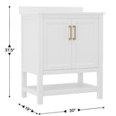Vega 30 Inch Bathroom Vanity with Sink Combo, Storage Cabinet with Soft Close Doors and Open Shelf, Carrara Marble Finish Countertop, White/Gold