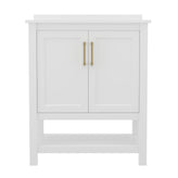 Vega 30 Inch Bathroom Vanity with Sink Combo, Storage Cabinet with Soft Close Doors and Open Shelf, Carrara Marble Finish Countertop, White/Gold