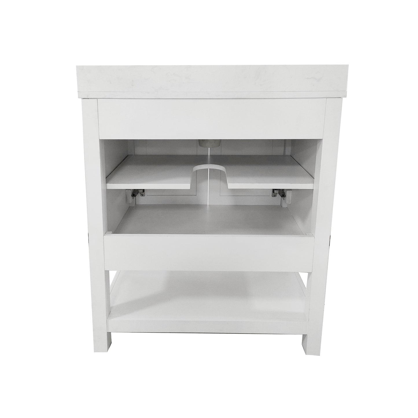 Vega 30" Bathroom Vanity with Sink, Storage Cabinet with Soft Close Doors & Open Shelf, Carrara Marble Finish Counter & Black Hardware, White/White