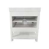 Vega 30" Bathroom Vanity with Sink, Storage Cabinet with Soft Close Doors & Open Shelf, Carrara Marble Finish Counter & Black Hardware, White/White