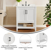 Vega 30" Bathroom Vanity with Sink, Storage Cabinet with Soft Close Doors & Open Shelf, Carrara Marble Finish Counter & Black Hardware, White/White