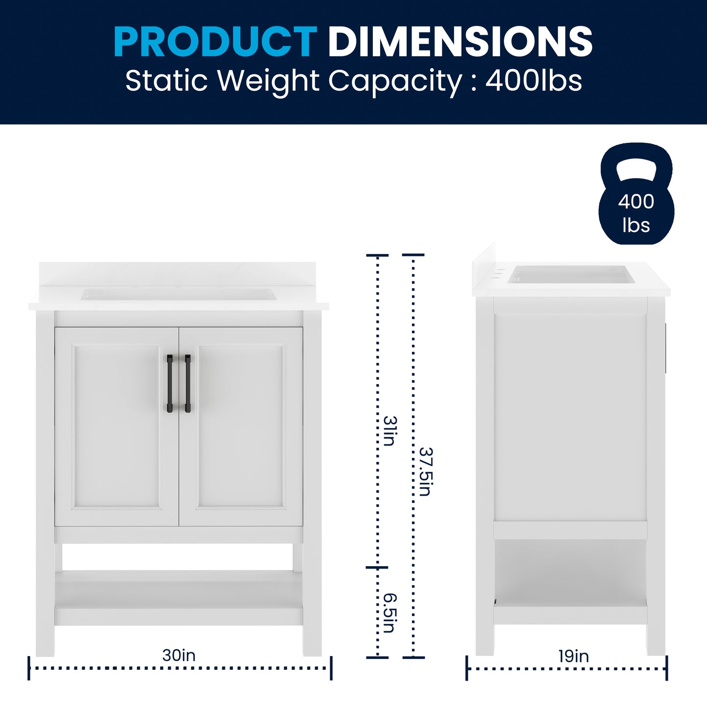 Vega 30" Bathroom Vanity with Sink, Storage Cabinet with Soft Close Doors & Open Shelf, Carrara Marble Finish Counter & Black Hardware, White/White