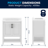 Vega 30" Bathroom Vanity with Sink, Storage Cabinet with Soft Close Doors & Open Shelf, Carrara Marble Finish Counter & Black Hardware, White/White