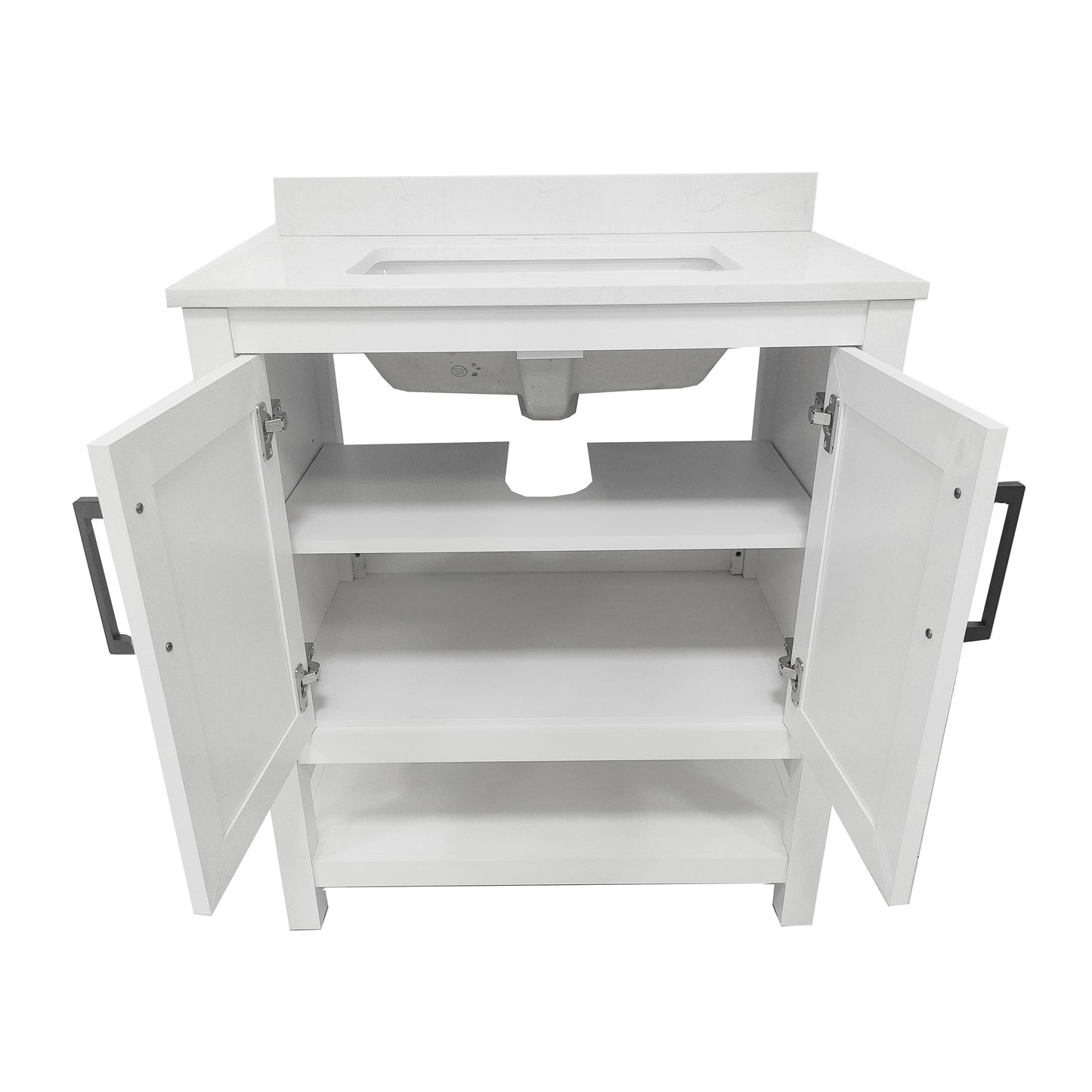 Vega 30" Bathroom Vanity with Sink, Storage Cabinet with Soft Close Doors & Open Shelf, Carrara Marble Finish Counter & Black Hardware, White/White