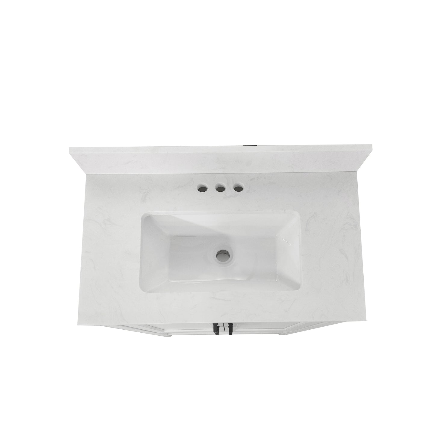 Vega 30" Bathroom Vanity with Sink, Storage Cabinet with Soft Close Doors & Open Shelf, Carrara Marble Finish Counter & Black Hardware, White/White