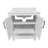 Vega 30" Bathroom Vanity with Sink, Storage Cabinet with Soft Close Doors & Open Shelf, Carrara Marble Finish Counter & Black Hardware, White/White