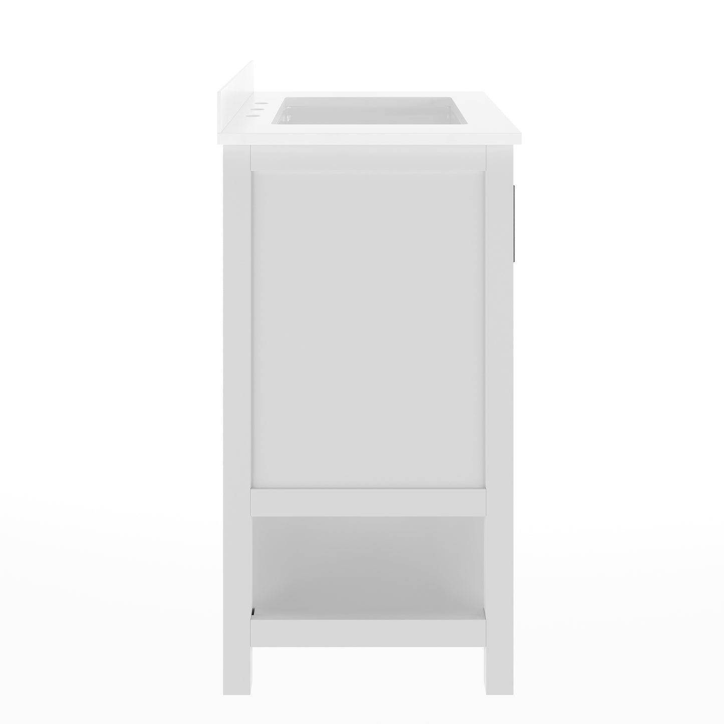 Vega 30" Bathroom Vanity with Sink, Storage Cabinet with Soft Close Doors & Open Shelf, Carrara Marble Finish Counter & Black Hardware, White/White