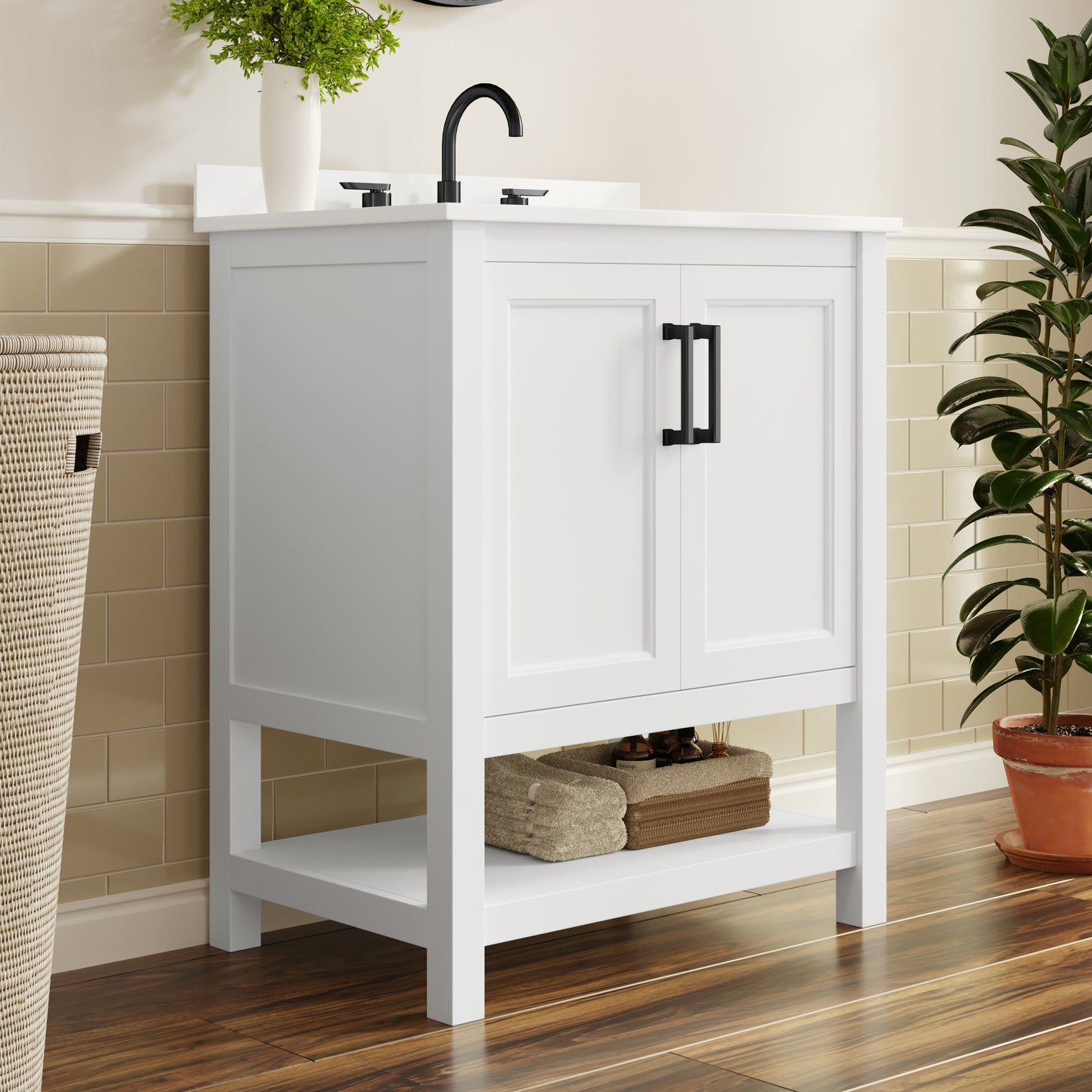 Vega 30" Bathroom Vanity with Sink, Storage Cabinet with Soft Close Doors & Open Shelf, Carrara Marble Finish Counter & Black Hardware, White/White
