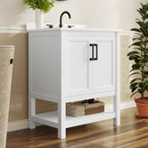 Vega 30" Bathroom Vanity with Sink, Storage Cabinet with Soft Close Doors & Open Shelf, Carrara Marble Finish Counter & Black Hardware, White/White