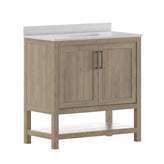 Vega 36 Inch Bathroom Vanity with Sink Combo, Storage Cabinet with Soft Close Doors and Open Shelf, Carrara Marble Finish Countertop, Brown/White