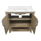 Vega 36 Inch Bathroom Vanity with Sink Combo, Storage Cabinet with Soft Close Doors and Open Shelf, Carrara Marble Finish Countertop, Brown/White