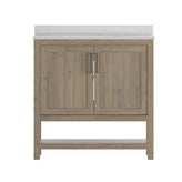 Vega 36 Inch Bathroom Vanity with Sink Combo, Storage Cabinet with Soft Close Doors and Open Shelf, Carrara Marble Finish Countertop, Brown/White