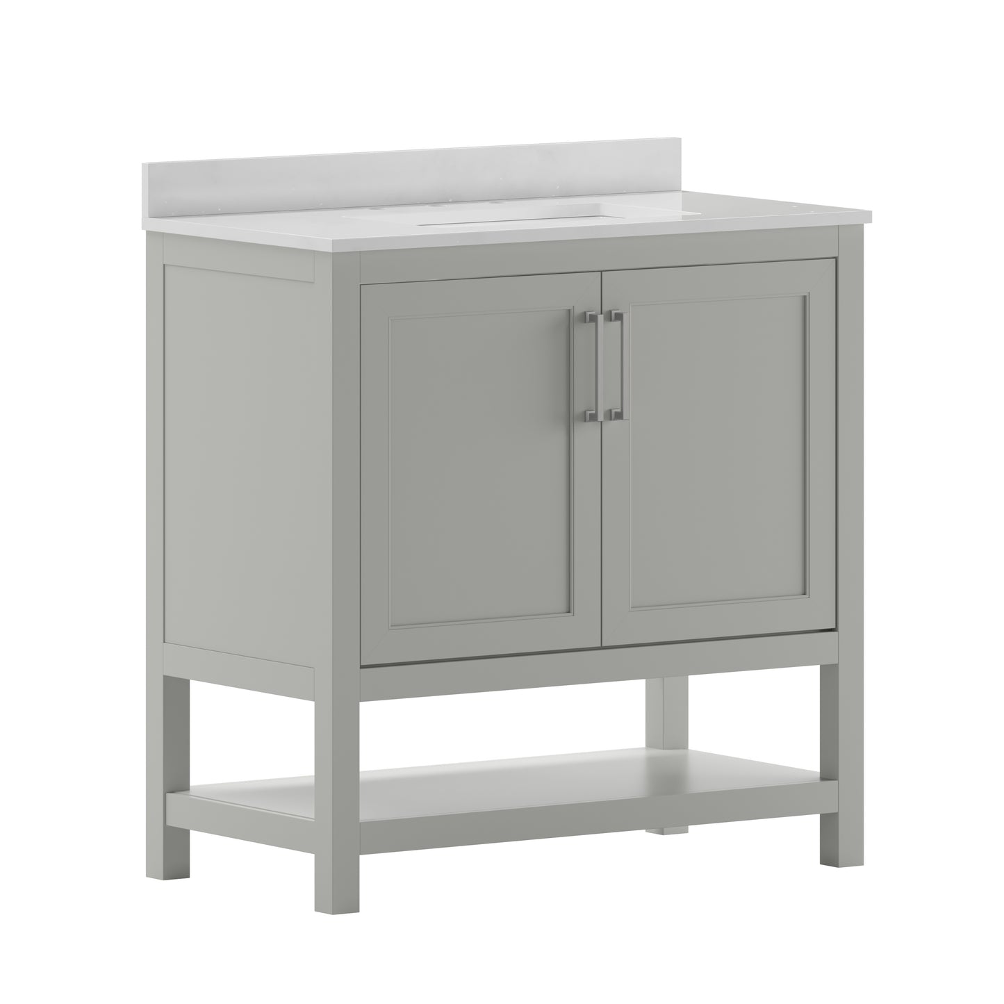 Vega 36 Inch Bathroom Vanity with Sink Combo, Storage Cabinet with Soft Close Doors and Open Shelf, Carrara Marble Finish Countertop, Gray/White