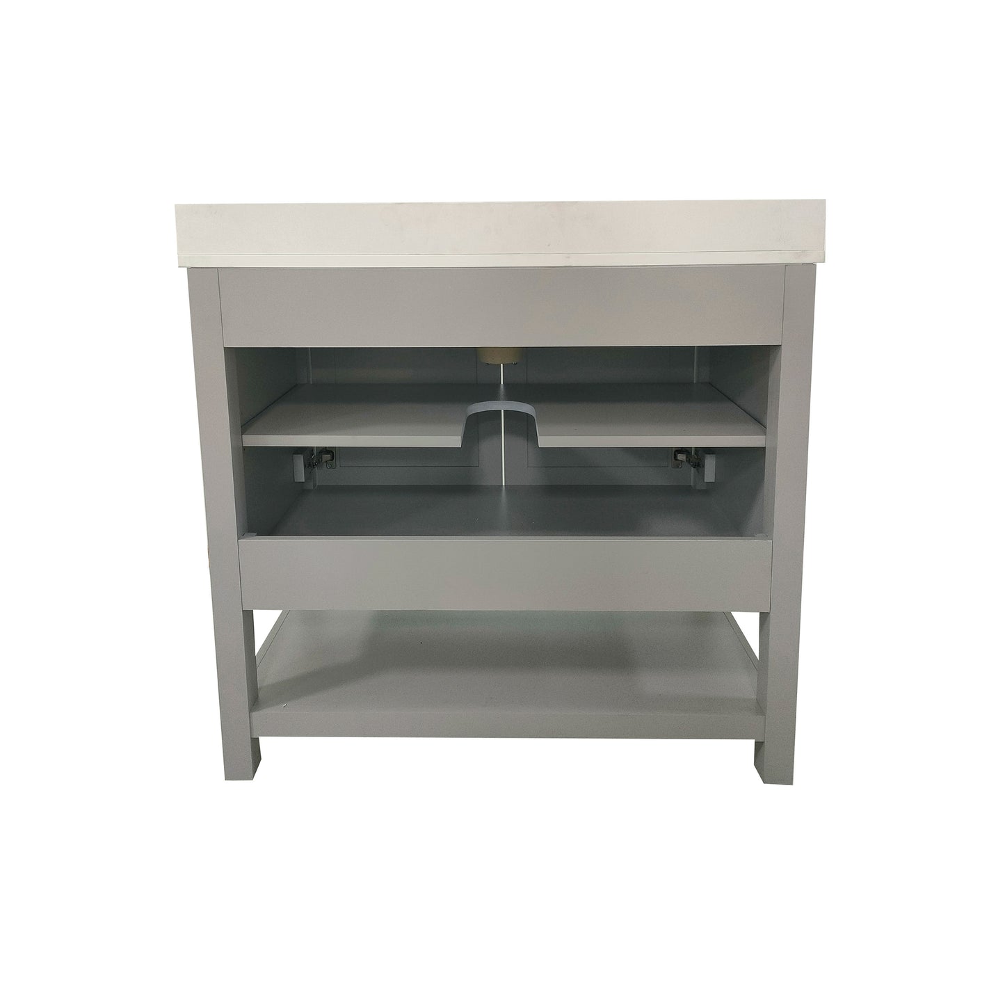 Vega 36 Inch Bathroom Vanity with Sink Combo, Storage Cabinet with Soft Close Doors and Open Shelf, Carrara Marble Finish Countertop, Gray/White