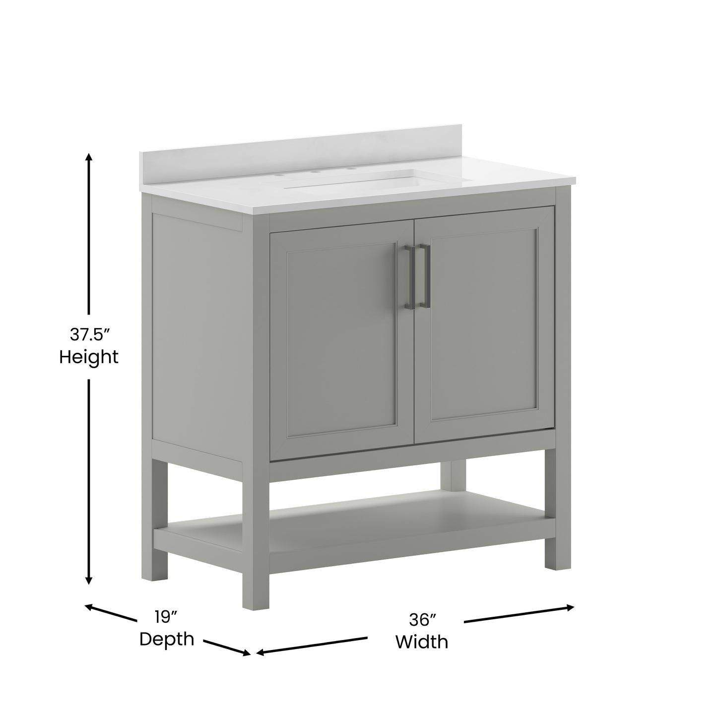 Vega 36 Inch Bathroom Vanity with Sink Combo, Storage Cabinet with Soft Close Doors and Open Shelf, Carrara Marble Finish Countertop, Gray/White