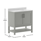 Vega 36 Inch Bathroom Vanity with Sink Combo, Storage Cabinet with Soft Close Doors and Open Shelf, Carrara Marble Finish Countertop, Gray/White