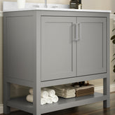 Vega 36 Inch Bathroom Vanity with Sink Combo, Storage Cabinet with Soft Close Doors and Open Shelf, Carrara Marble Finish Countertop, Gray/White