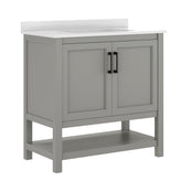 Vega 36" Bathroom Vanity with Sink, Storage Cabinet with Black Hardware, Soft Close Doors & Open Shelf, Carrara Marble Finish Countertop, Gray/White