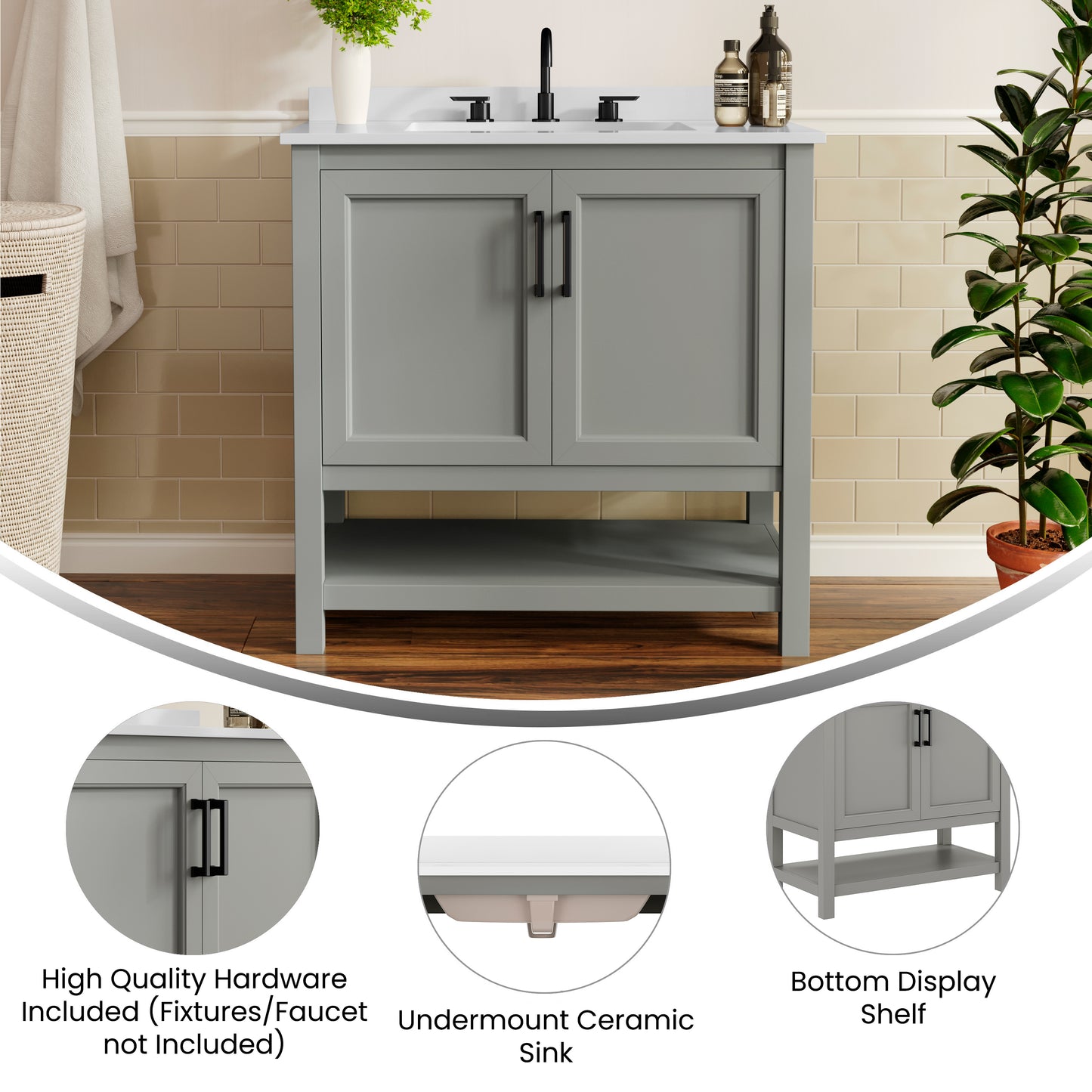 Vega 36" Bathroom Vanity with Sink, Storage Cabinet with Black Hardware, Soft Close Doors & Open Shelf, Carrara Marble Finish Countertop, Gray/White