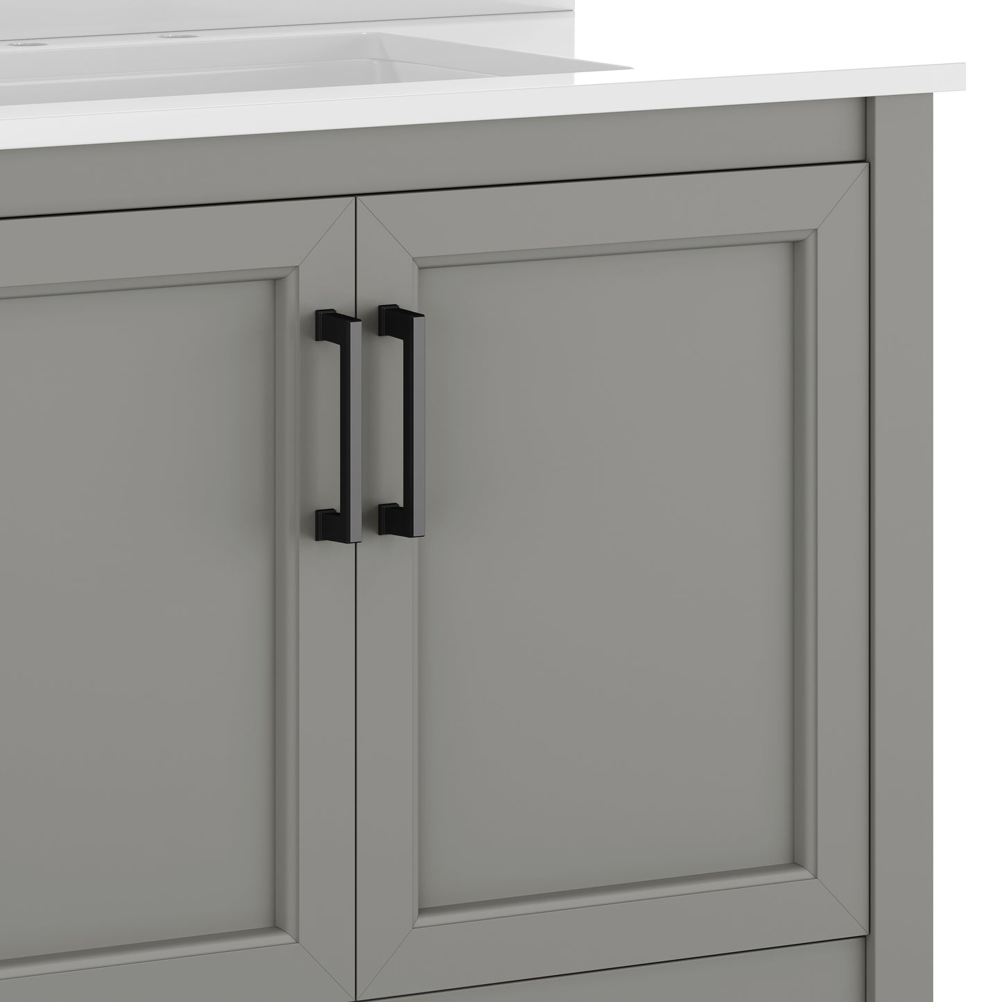 Vega 36" Bathroom Vanity with Sink, Storage Cabinet with Black Hardware, Soft Close Doors & Open Shelf, Carrara Marble Finish Countertop, Gray/White