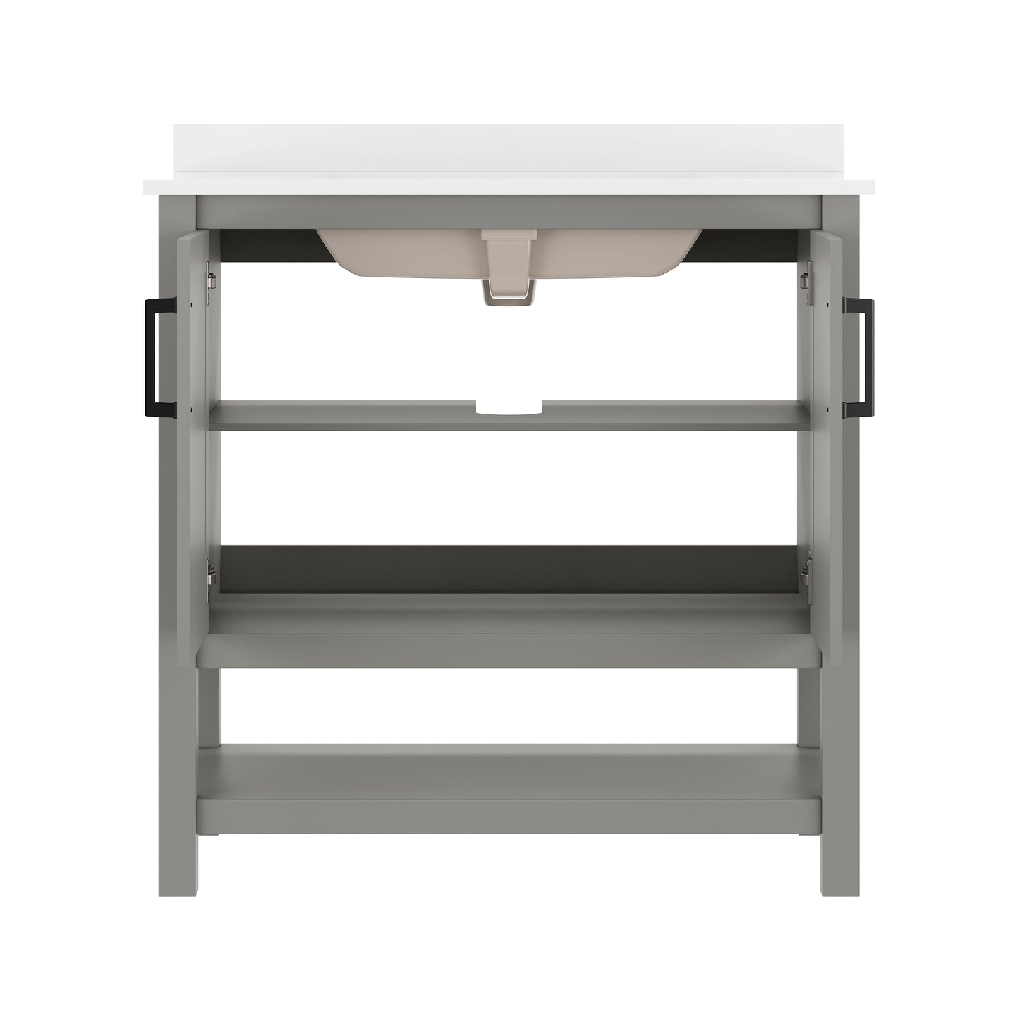 Vega 36" Bathroom Vanity with Sink, Storage Cabinet with Black Hardware, Soft Close Doors & Open Shelf, Carrara Marble Finish Countertop, Gray/White