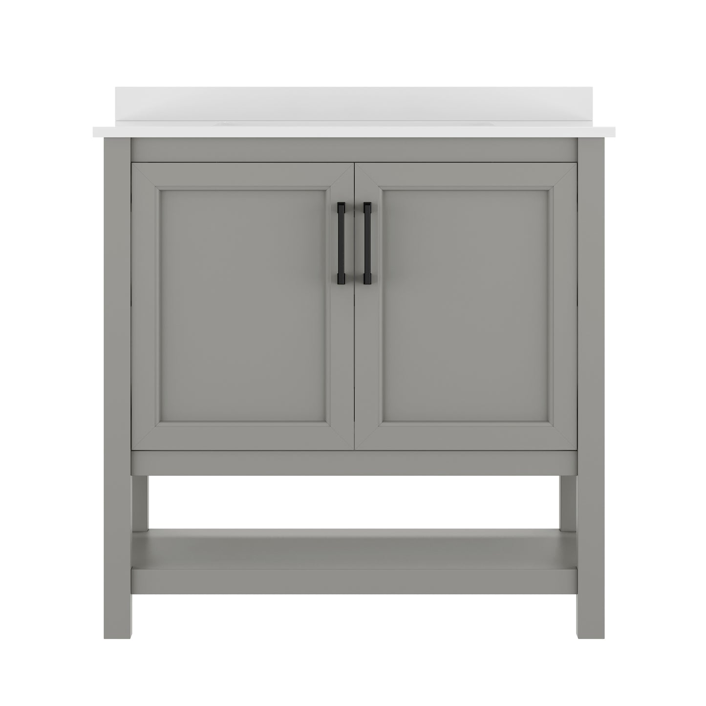 Vega 36" Bathroom Vanity with Sink, Storage Cabinet with Black Hardware, Soft Close Doors & Open Shelf, Carrara Marble Finish Countertop, Gray/White