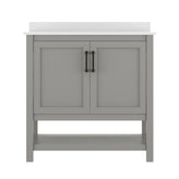 Vega 36" Bathroom Vanity with Sink, Storage Cabinet with Black Hardware, Soft Close Doors & Open Shelf, Carrara Marble Finish Countertop, Gray/White