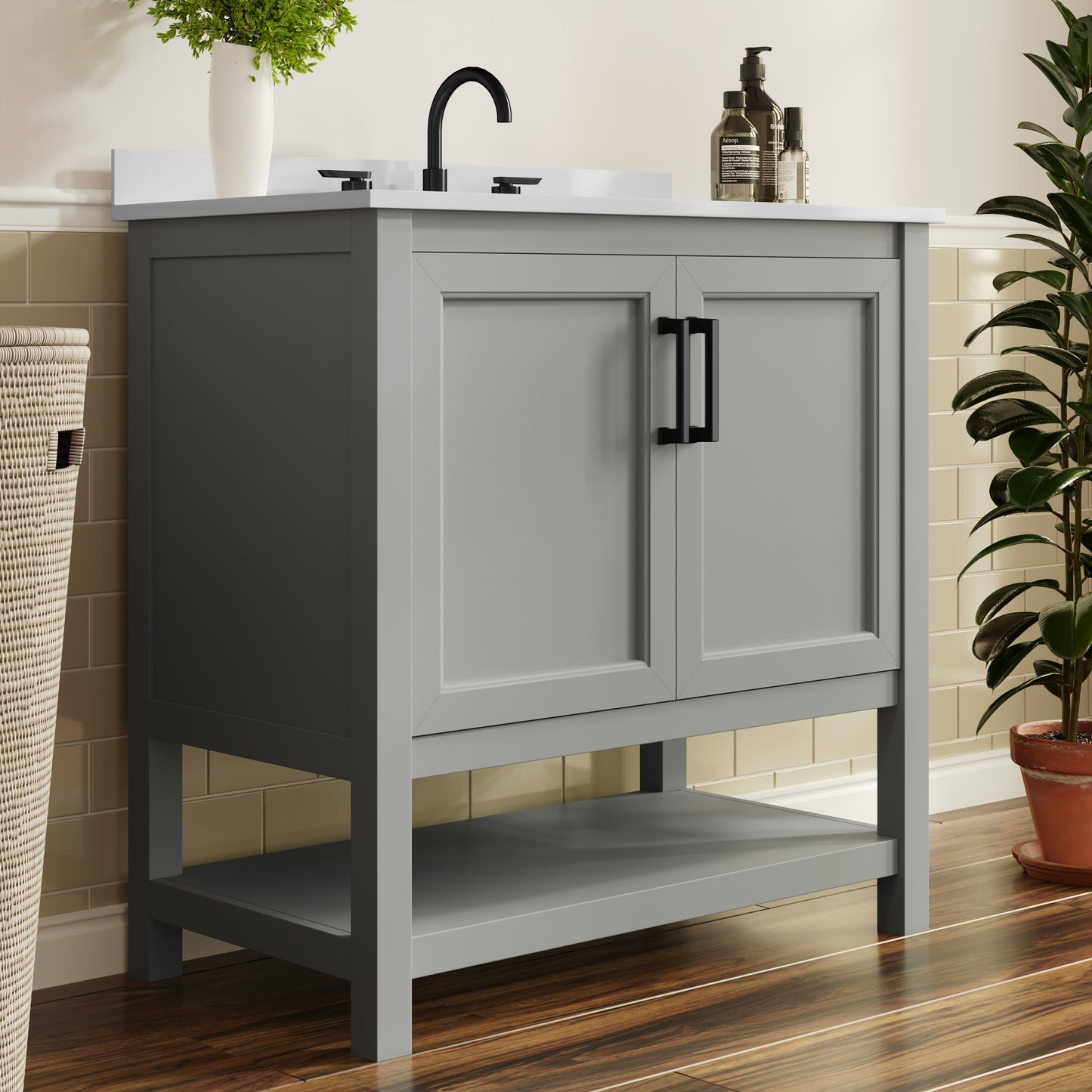 Vega 36" Bathroom Vanity with Sink, Storage Cabinet with Black Hardware, Soft Close Doors & Open Shelf, Carrara Marble Finish Countertop, Gray/White