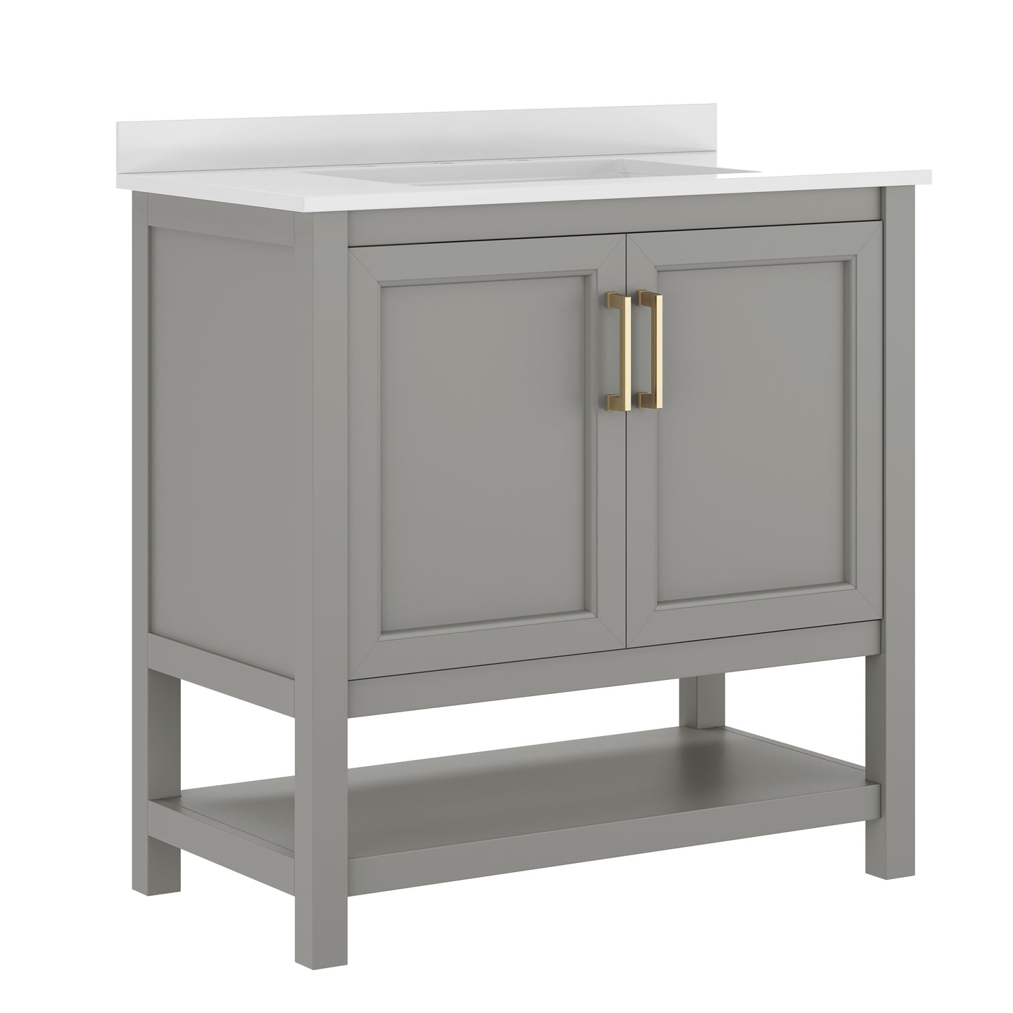Vega 36" Bathroom Vanity with Sink, Storage Cabinet with Gold Hardware, Soft Close Doors & Open Shelf, Carrara Marble Finish Countertop, Gray/White