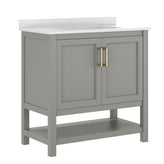 Vega 36" Bathroom Vanity with Sink, Storage Cabinet with Gold Hardware, Soft Close Doors & Open Shelf, Carrara Marble Finish Countertop, Gray/White