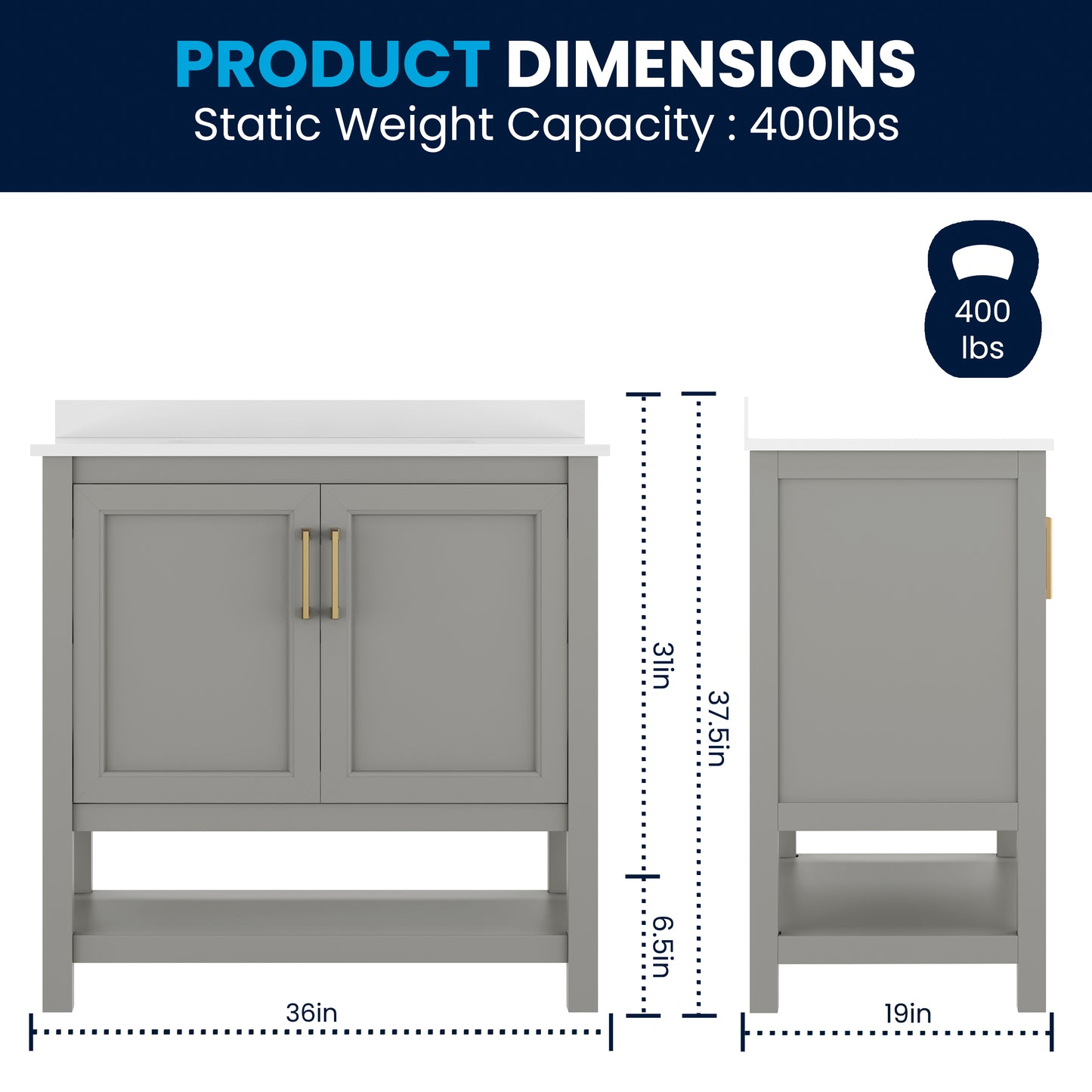 Vega 36" Bathroom Vanity with Sink, Storage Cabinet with Gold Hardware, Soft Close Doors & Open Shelf, Carrara Marble Finish Countertop, Gray/White