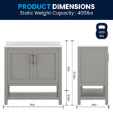 Vega 36" Bathroom Vanity with Sink, Storage Cabinet with Gold Hardware, Soft Close Doors & Open Shelf, Carrara Marble Finish Countertop, Gray/White
