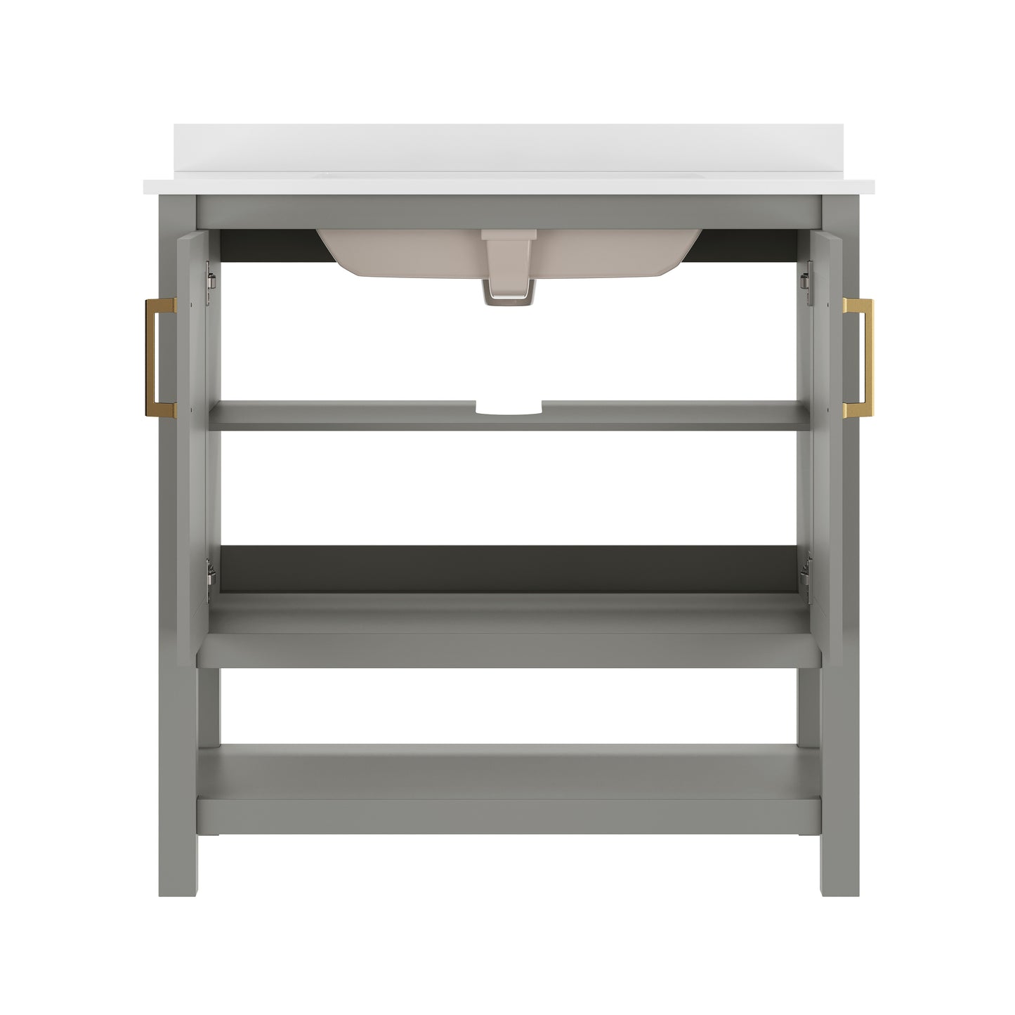 Vega 36" Bathroom Vanity with Sink, Storage Cabinet with Gold Hardware, Soft Close Doors & Open Shelf, Carrara Marble Finish Countertop, Gray/White