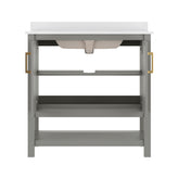 Vega 36" Bathroom Vanity with Sink, Storage Cabinet with Gold Hardware, Soft Close Doors & Open Shelf, Carrara Marble Finish Countertop, Gray/White
