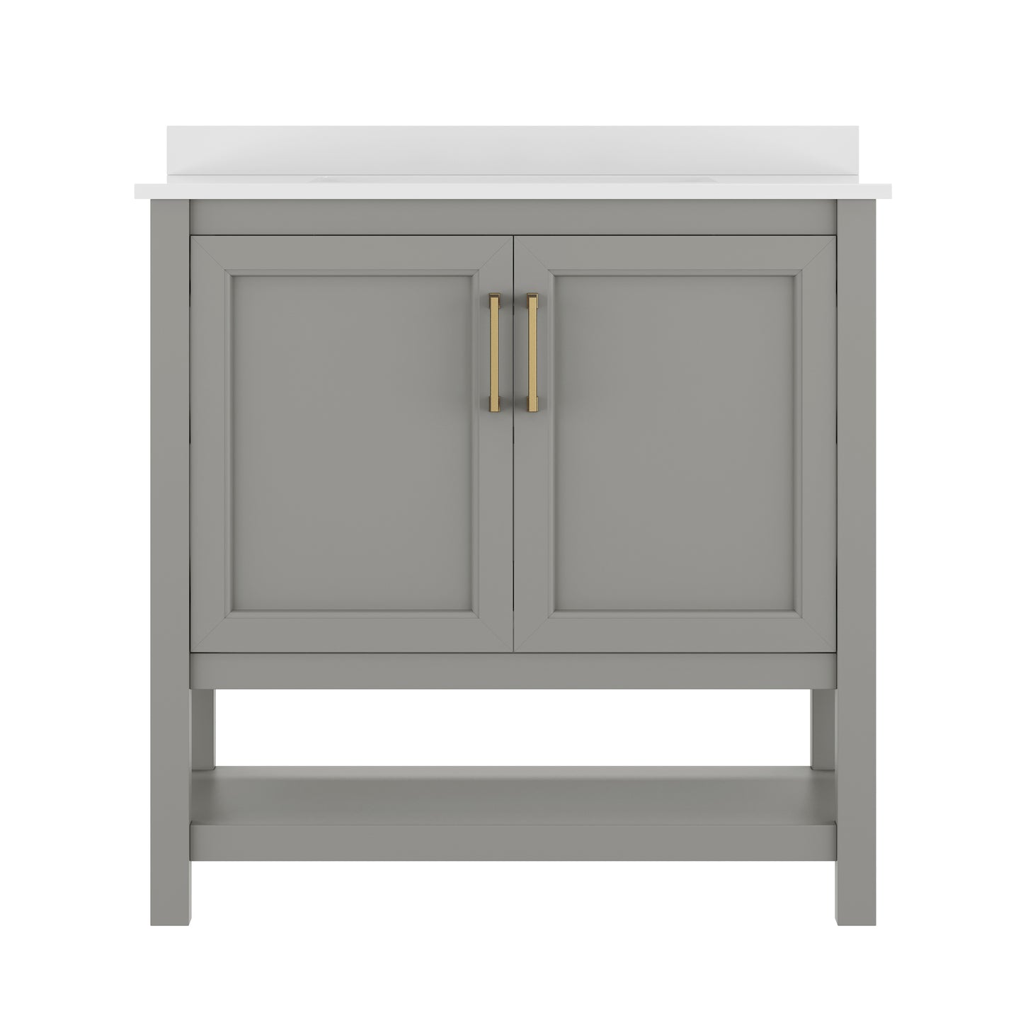 Vega 36" Bathroom Vanity with Sink, Storage Cabinet with Gold Hardware, Soft Close Doors & Open Shelf, Carrara Marble Finish Countertop, Gray/White