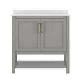 Vega 36" Bathroom Vanity with Sink, Storage Cabinet with Gold Hardware, Soft Close Doors & Open Shelf, Carrara Marble Finish Countertop, Gray/White