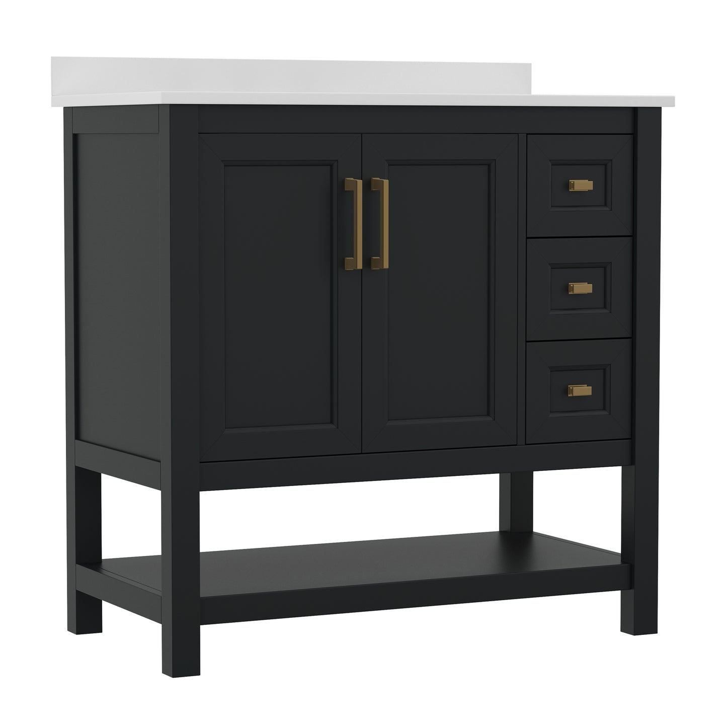 Vega 36 Inch Bathroom Vanity with Sink, Storage Cabinet with Soft Close Doors, Open Shelf and 3 Drawers, Carrara Marble Finish Countertop, Black/Gold