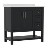 Vega 36 Inch Bathroom Vanity with Sink, Storage Cabinet with Soft Close Doors, Open Shelf and 3 Drawers, Carrara Marble Finish Countertop, Black/Gold